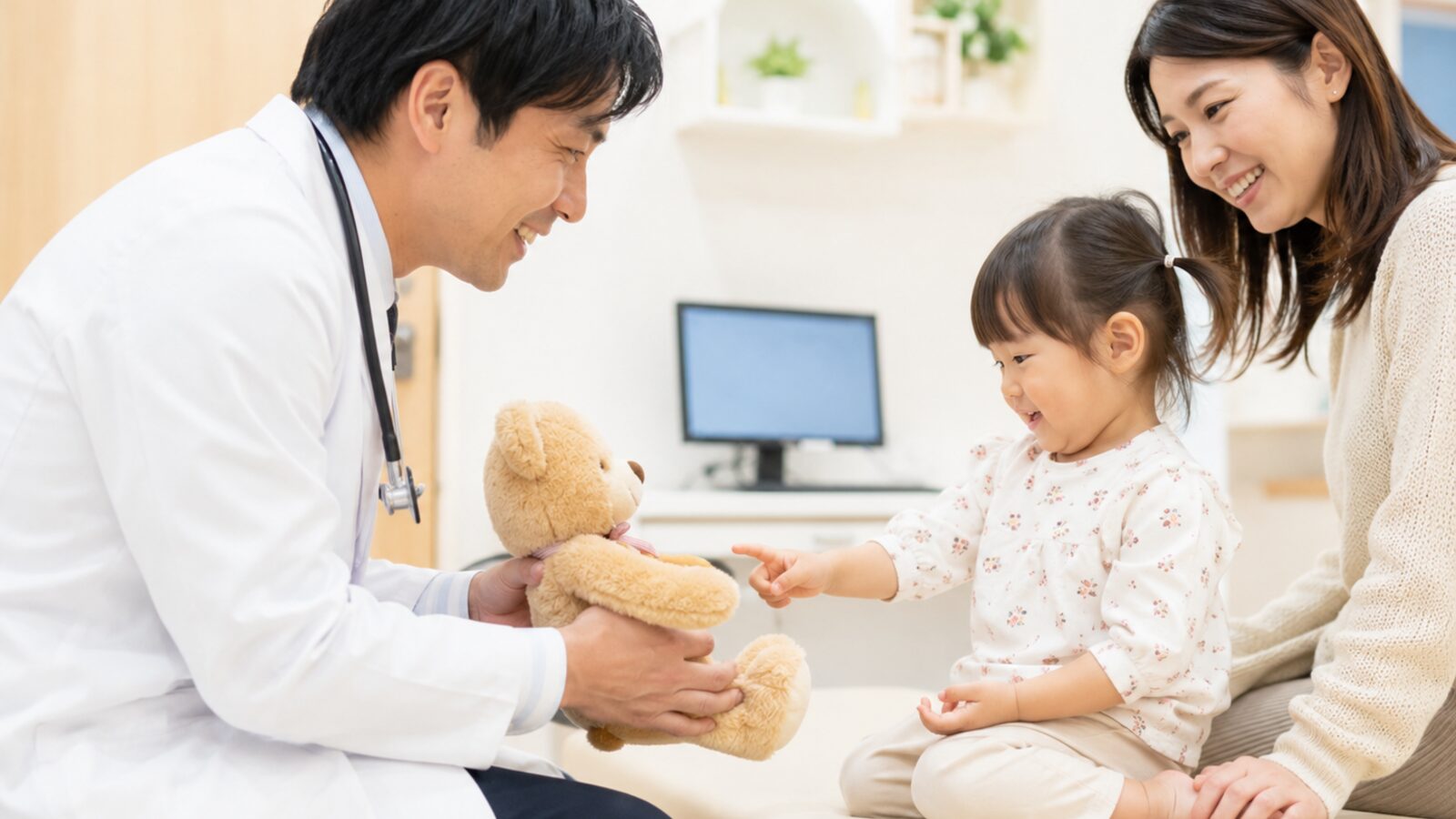 医師がテディベアで小児と打ち解ける場面